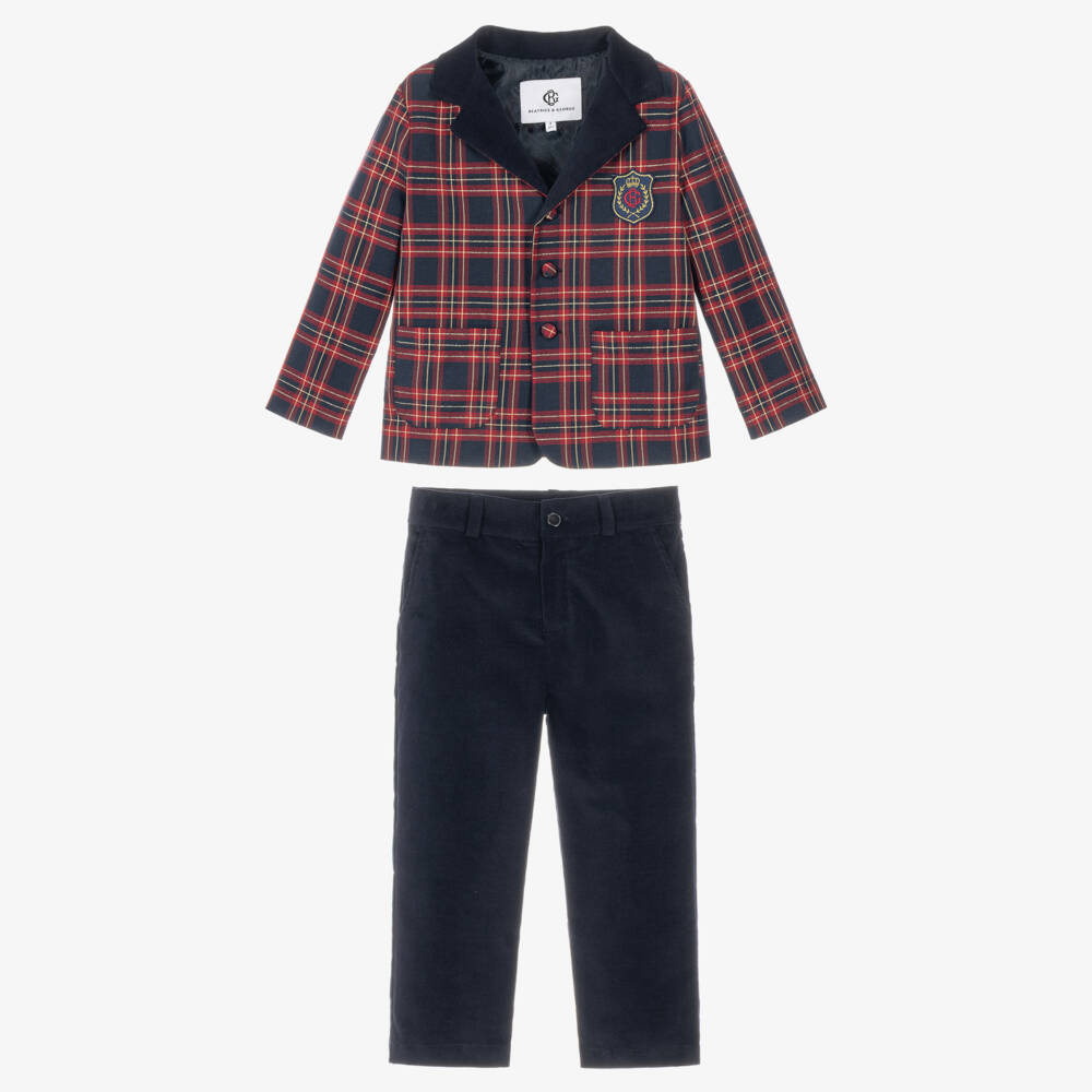 Beatrice & George-Boys Red Tartan Blazer & Navy Velvet Trouser Set | Childrensalon