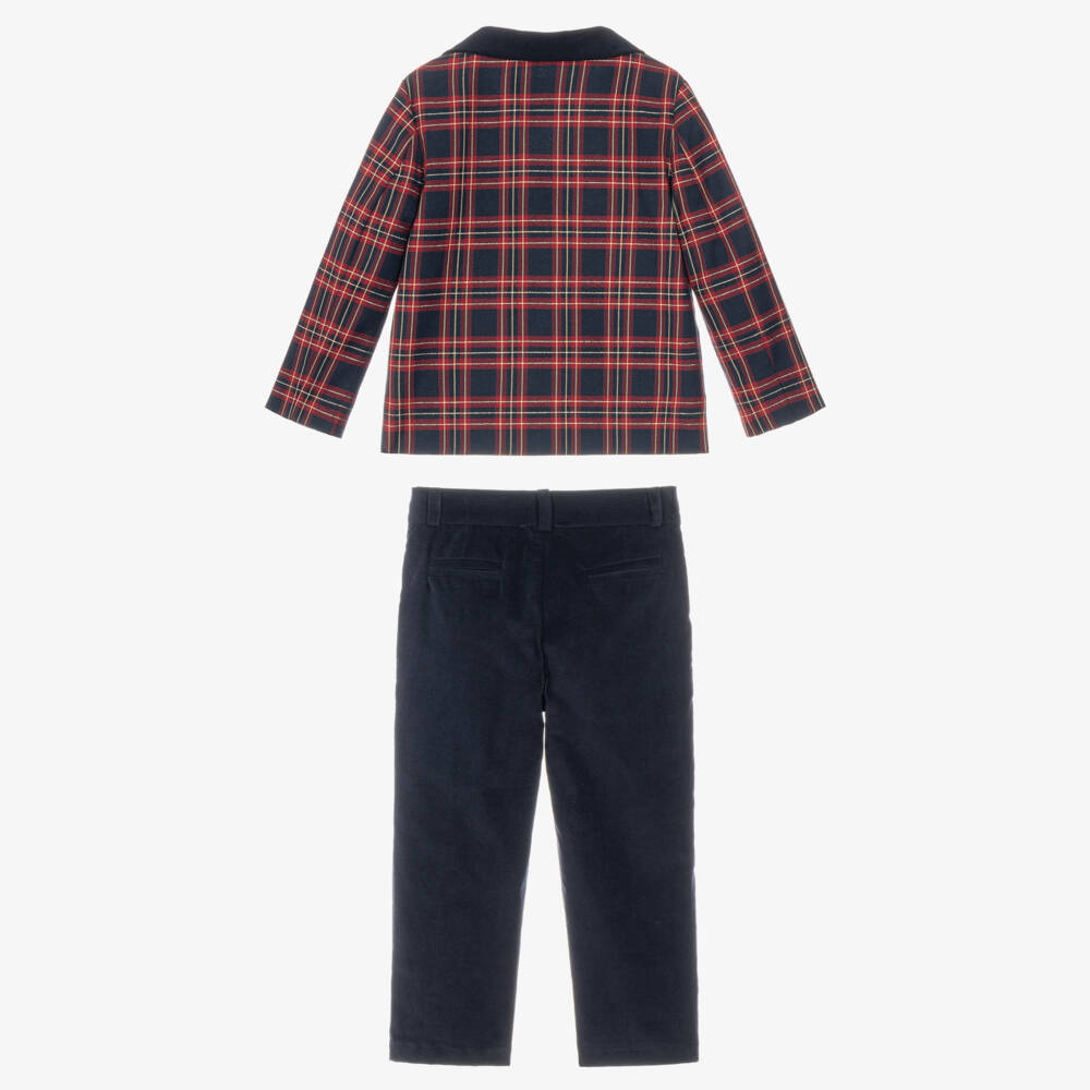 Beatrice & George-Boys Red Tartan Blazer & Navy Velvet Trouser Set | Childrensalon