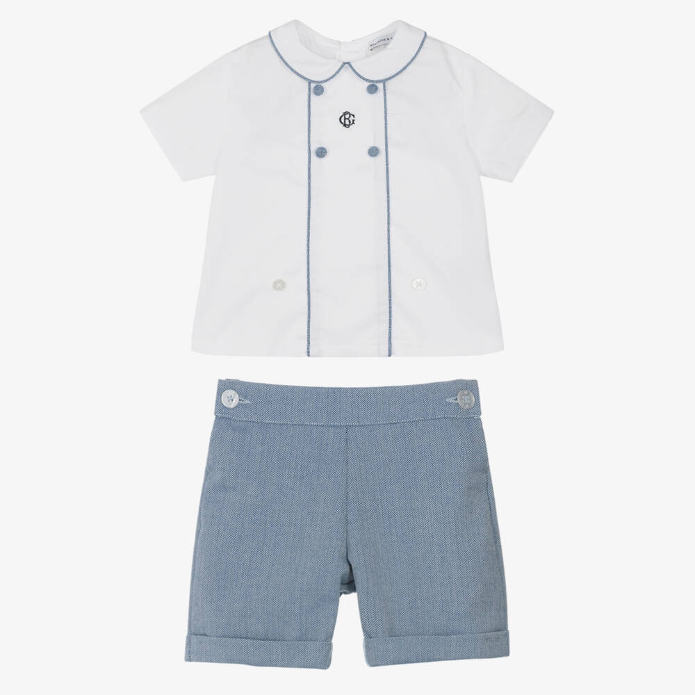 Beatrice & George-Boys Whie & Blue Cotton Herringbone Buster Suit | Childrensalon