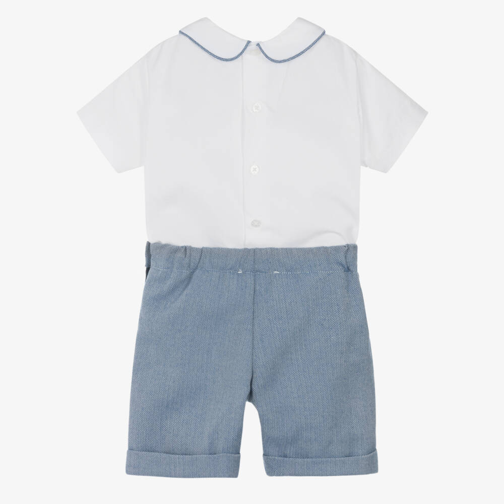 Beatrice & George-Boys Whie & Blue Cotton Herringbone Buster Suit | Childrensalon