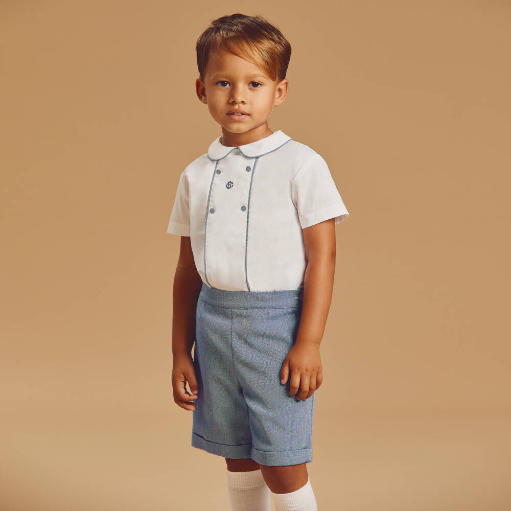 Beatrice & George-Boys Whie & Blue Cotton Herringbone Buster Suit | Childrensalon