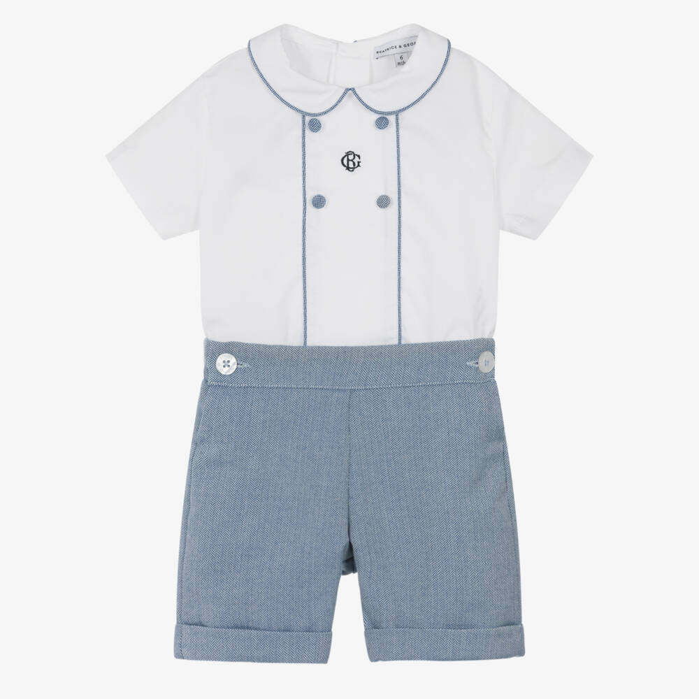 Beatrice & George-Boys Whie & Blue Cotton Herringbone Buster Suit | Childrensalon