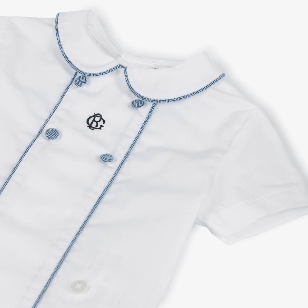 Beatrice & George-Boys Whie & Blue Cotton Herringbone Buster Suit | Childrensalon