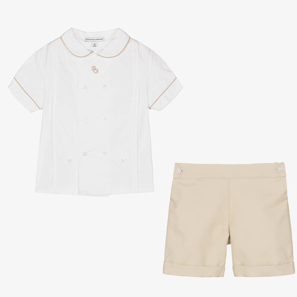 Beatrice & George-Boys White & Beige Cotton Buster Suit | Childrensalon