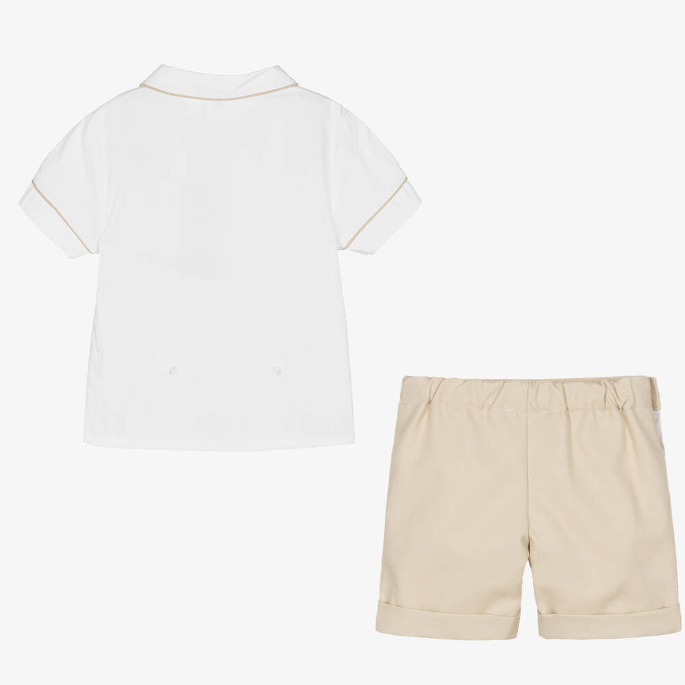 Beatrice & George-Boys White & Beige Cotton Buster Suit | Childrensalon