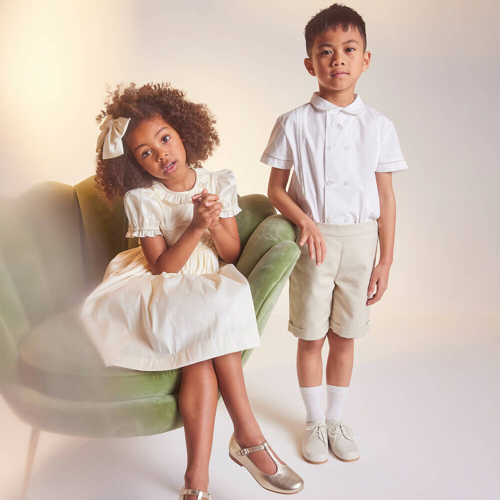 Beatrice & George-Boys White & Beige Cotton Buster Suit | Childrensalon