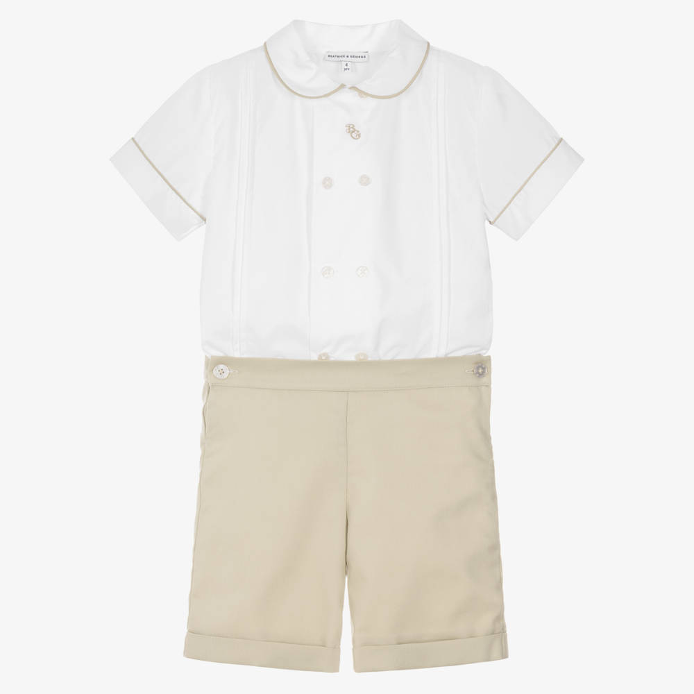 Beatrice & George-Boys White & Beige Double Breasted Buster Suit | Childrensalon