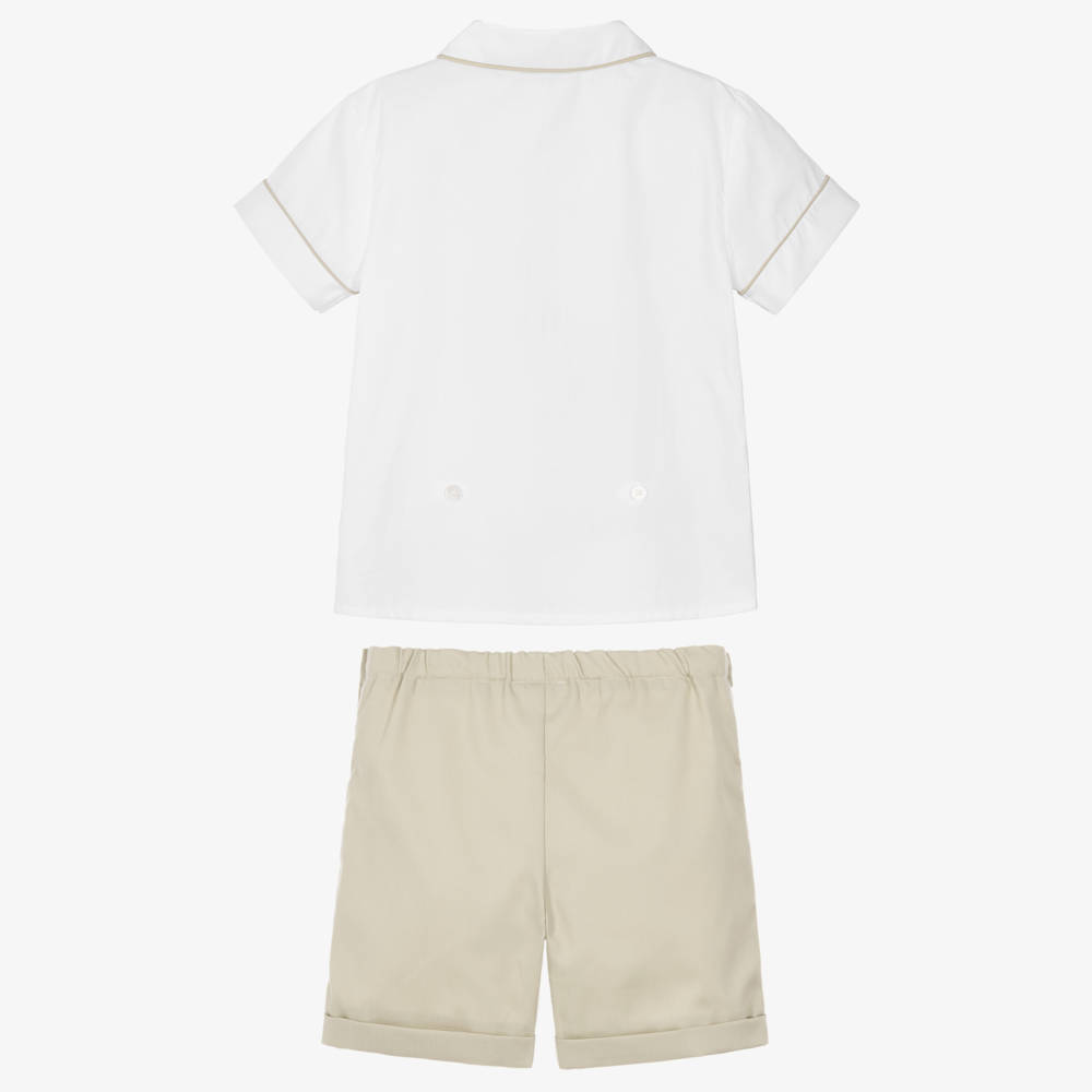 Beatrice & George-Boys White & Beige Double Breasted Buster Suit | Childrensalon