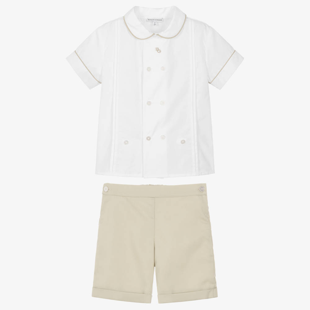 Beatrice & George-Boys White & Beige Double Breasted Buster Suit | Childrensalon