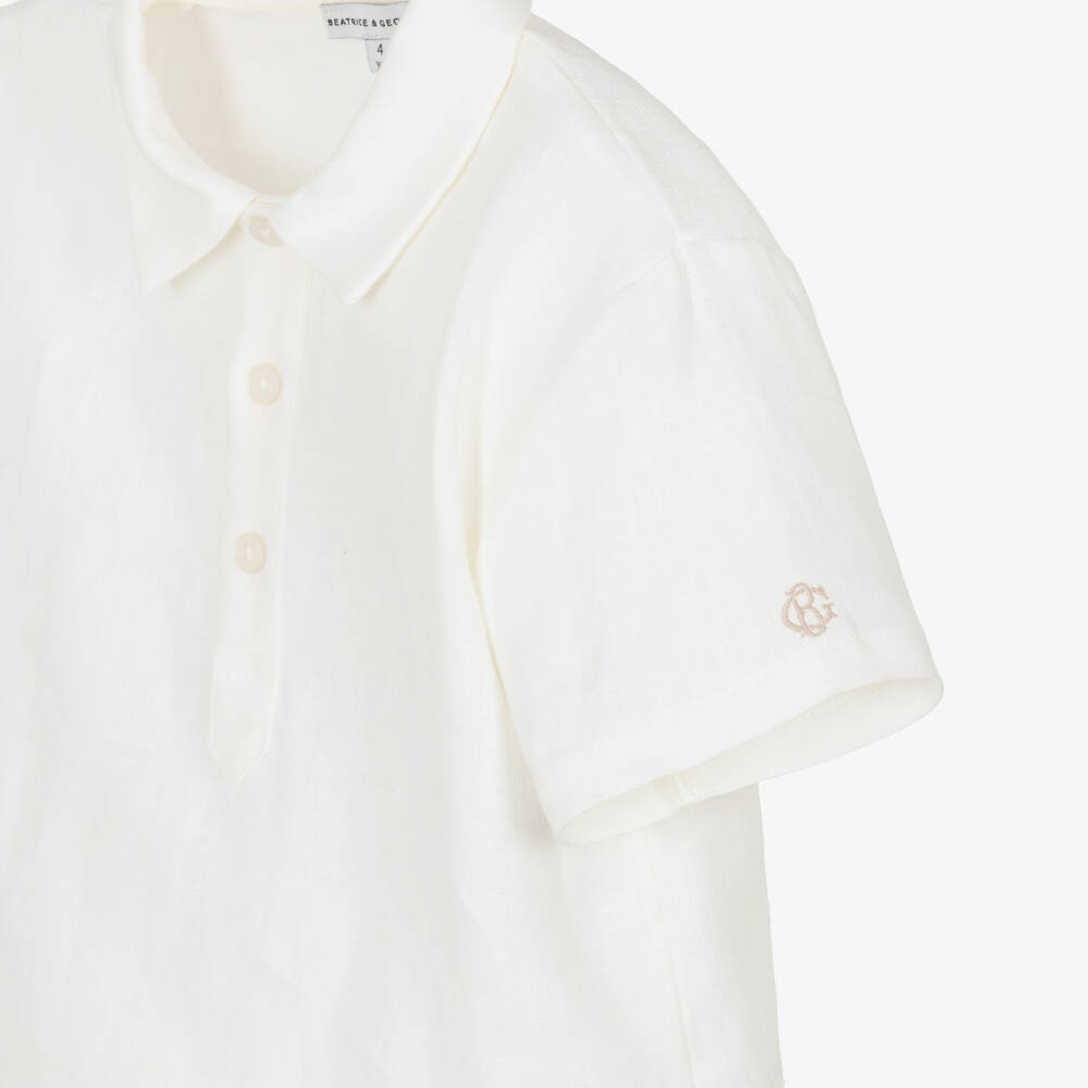 Beatrice & George-Boys White & Beige Striped Linen & Cotton Shorts Set | Childrensalon