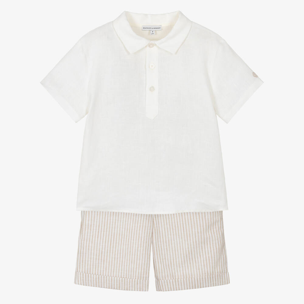 Beatrice & George-Boys White & Beige Striped Linen & Cotton Shorts Set | Childrensalon