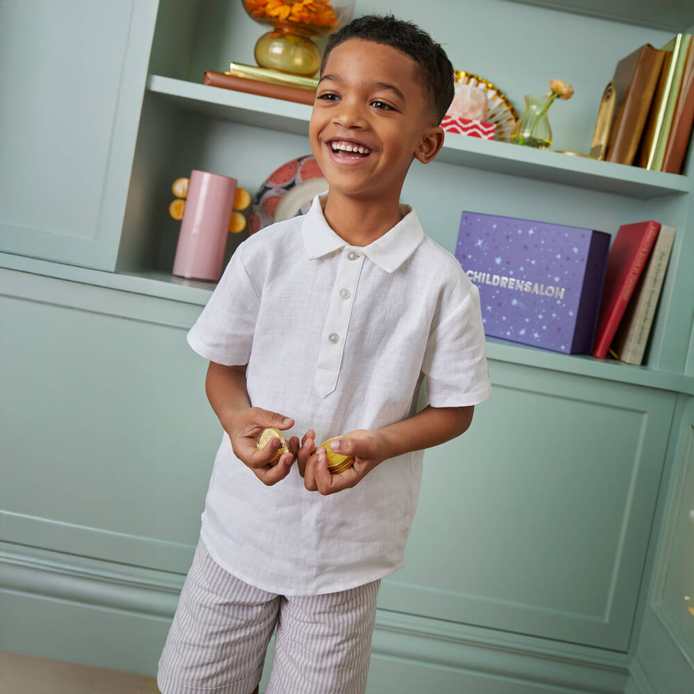 Beatrice & George-Boys White & Beige Striped Linen & Cotton Shorts Set | Childrensalon