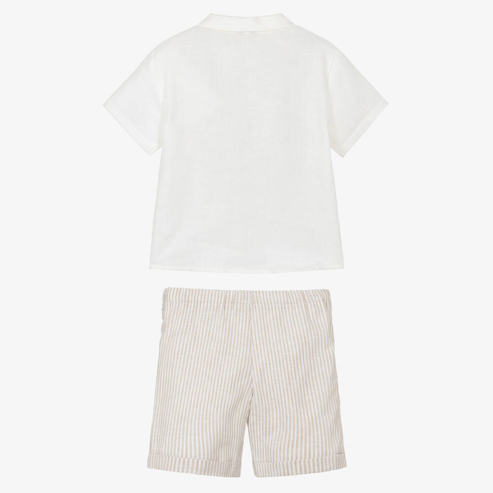 Beatrice & George-Boys White & Beige Striped Linen & Cotton Shorts Set | Childrensalon