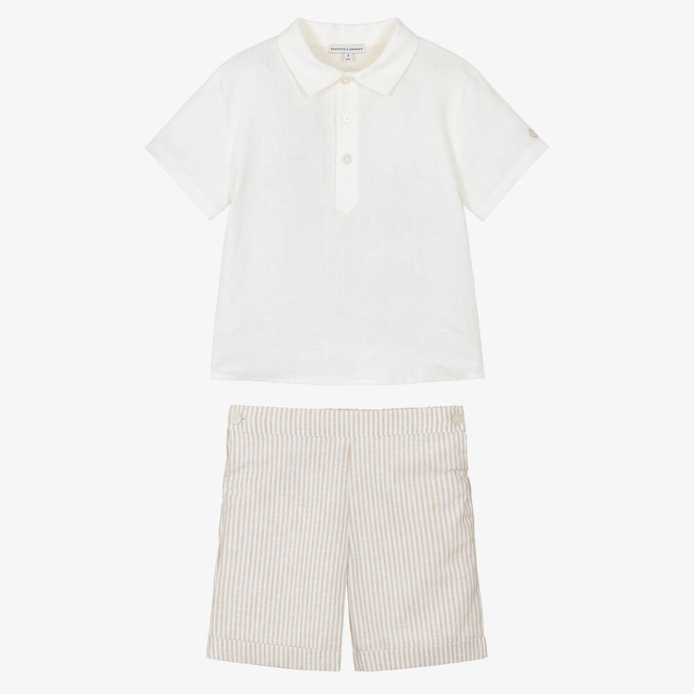 Beatrice & George-Boys White & Beige Striped Linen & Cotton Shorts Set | Childrensalon
