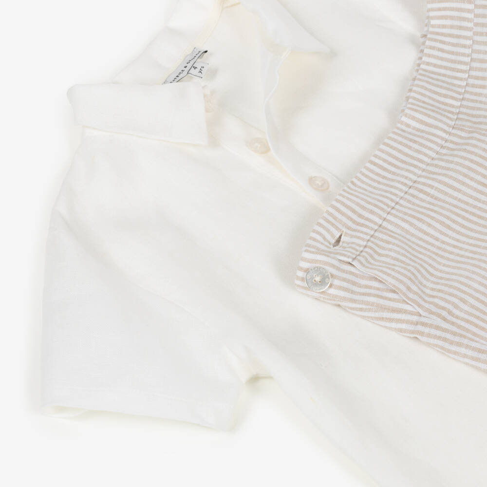 Beatrice & George-Boys White & Beige Striped Linen & Cotton Shorts Set | Childrensalon