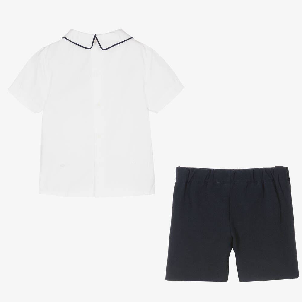 Beatrice & George-Boys White & Blue Cotton Buster Suit | Childrensalon