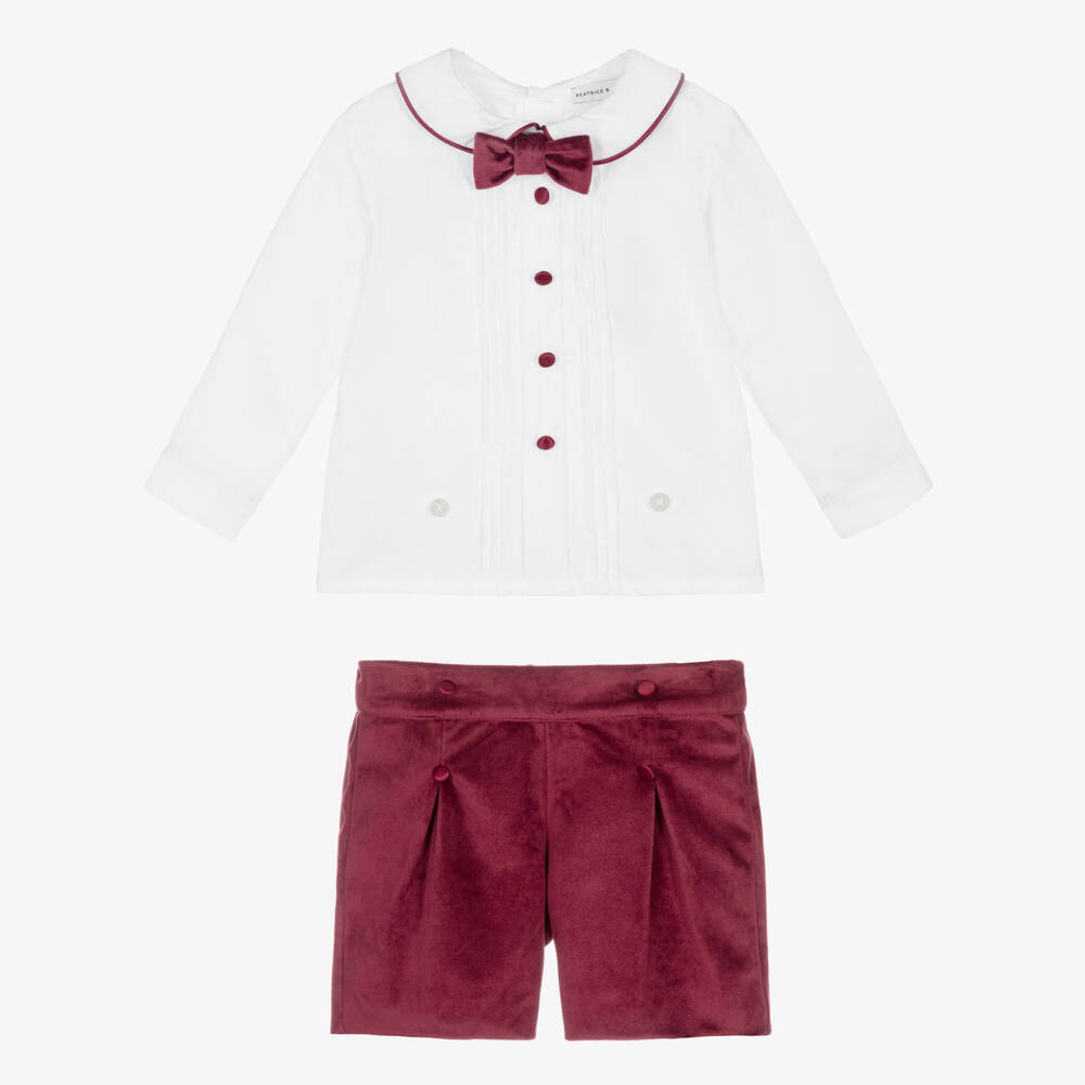 Beatrice & George-Boys White & Burgundy Red Velvet Buster Suit | Childrensalon