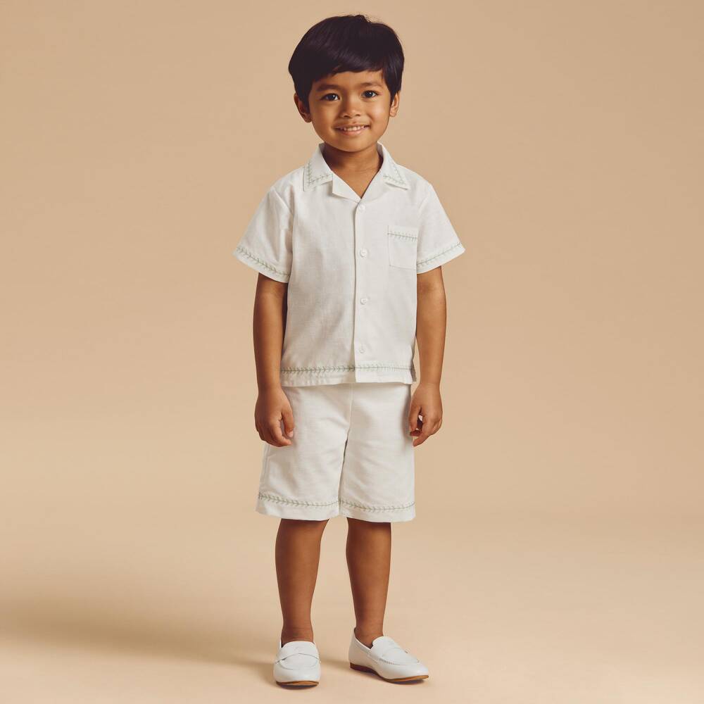 Beatrice & George-Boys White Cotton & Linen Embroidered Shorts Set | Childrensalon