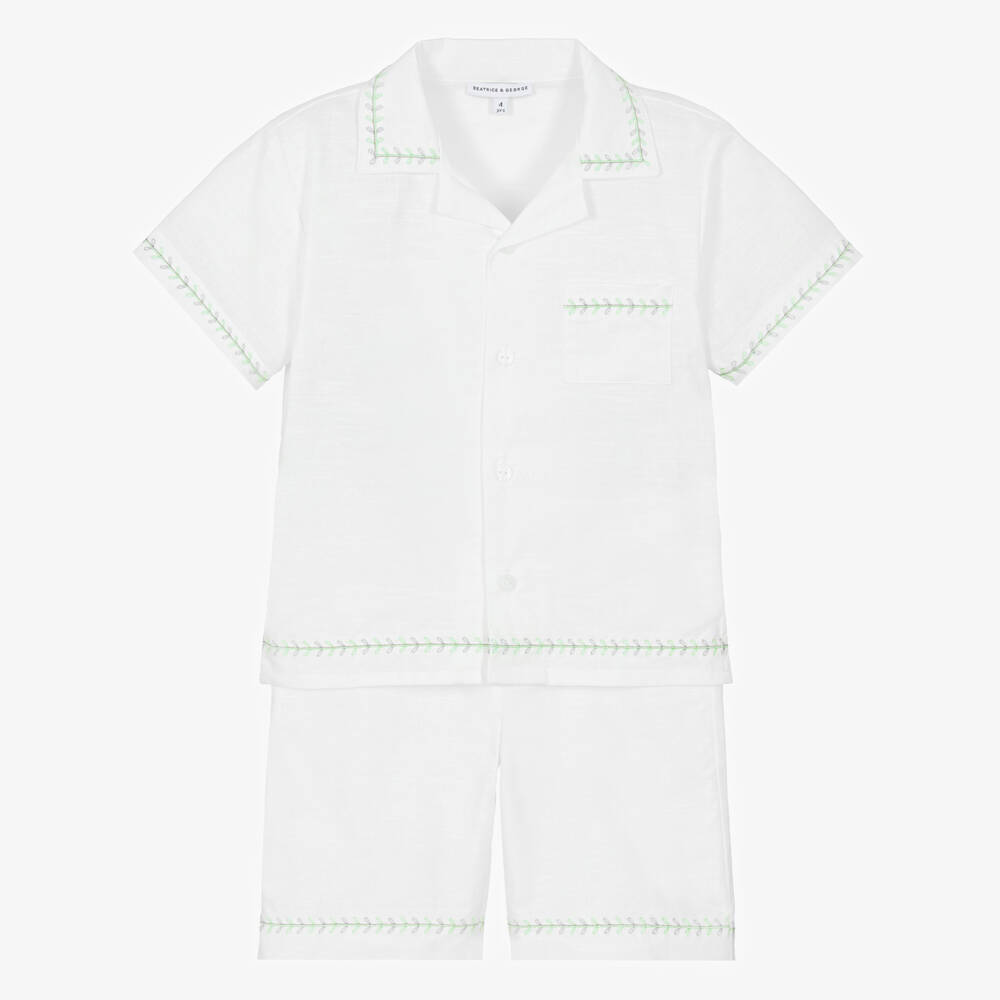 Beatrice & George-طقم شورت مطرز قطن وكتان لون أبيض للأولاد | Childrensalon