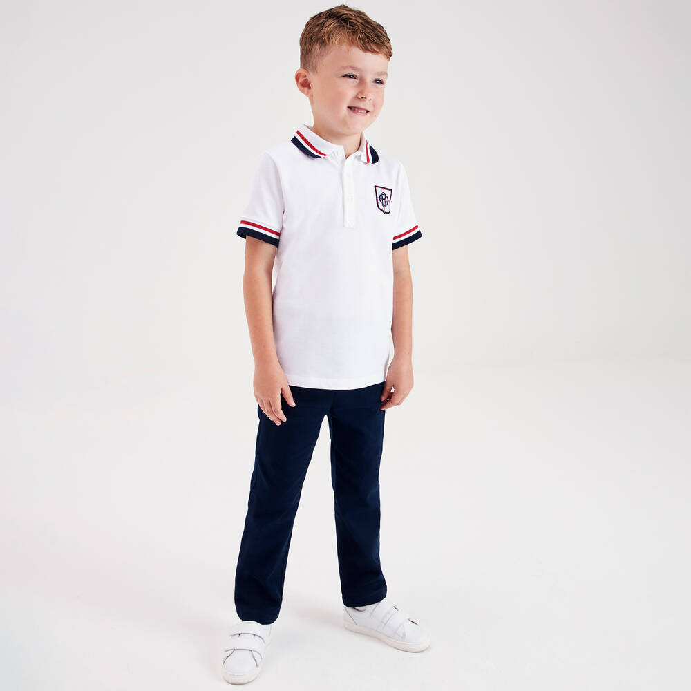 Beatrice & George-Boys White Cotton Piqué Crest Polo Shirt | Childrensalon