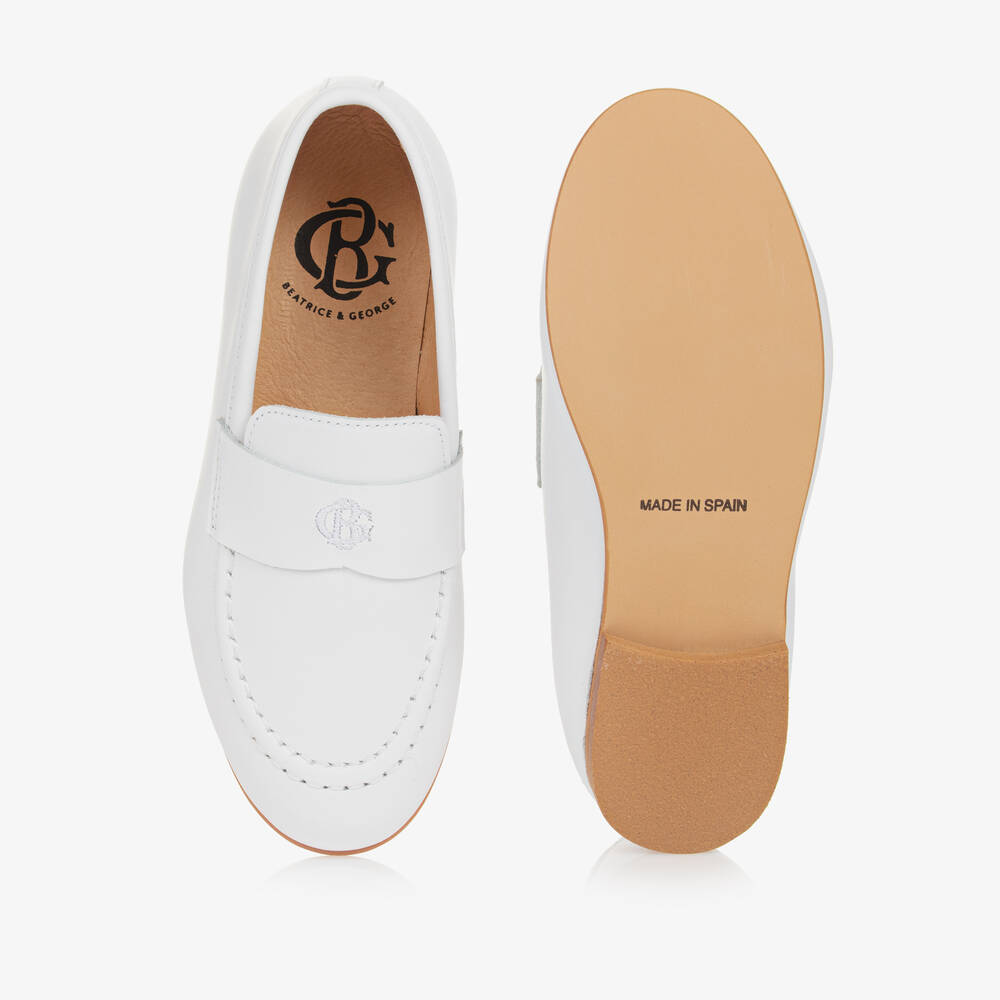 Beatrice & George-Boys White Leather Monogram Loafers | Childrensalon