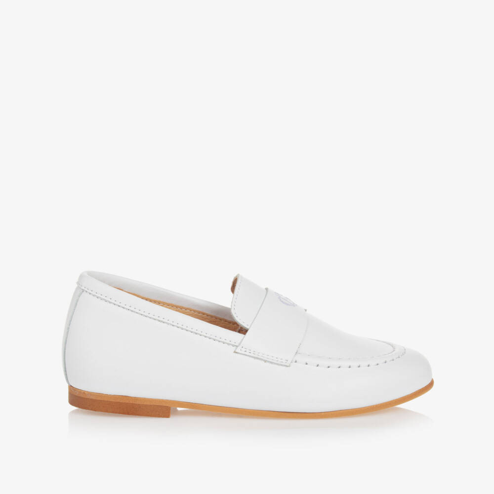 Beatrice & George-Boys White Leather Monogram Loafers | Childrensalon