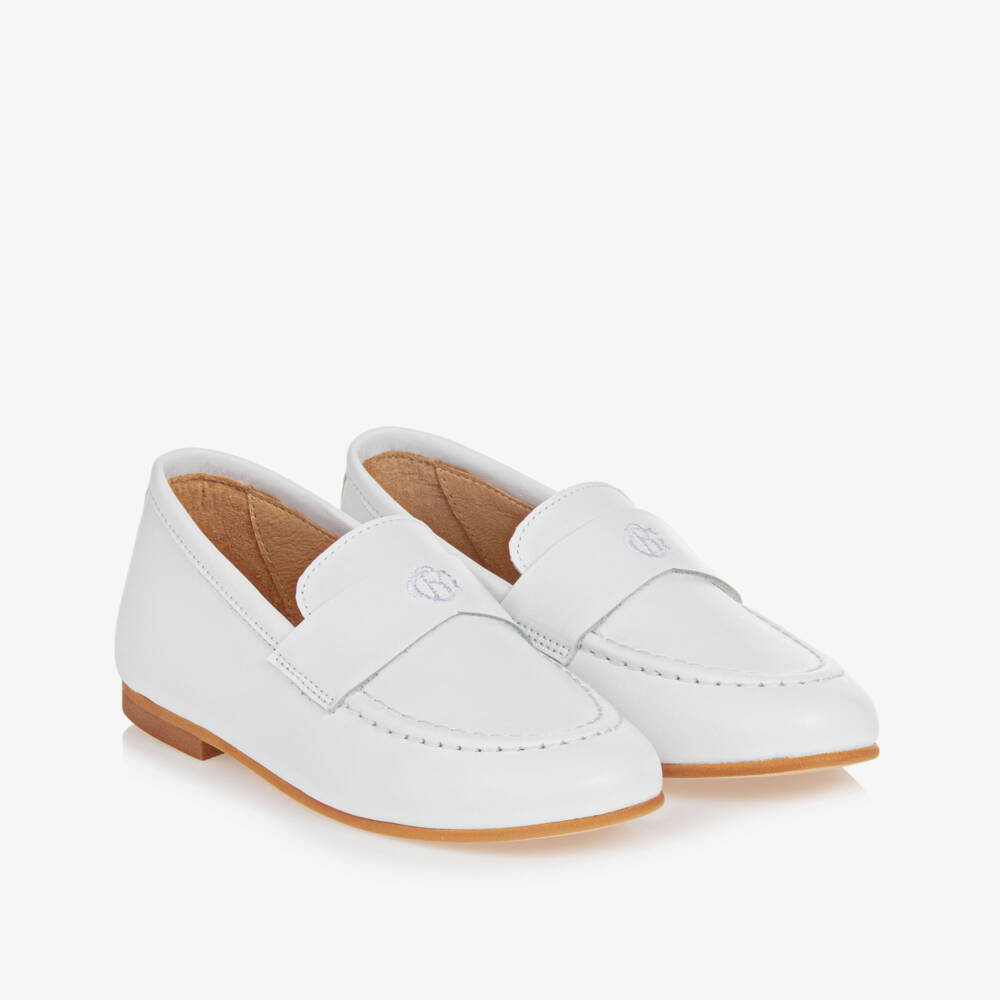 Beatrice & George-Boys White Leather Monogram Loafers | Childrensalon