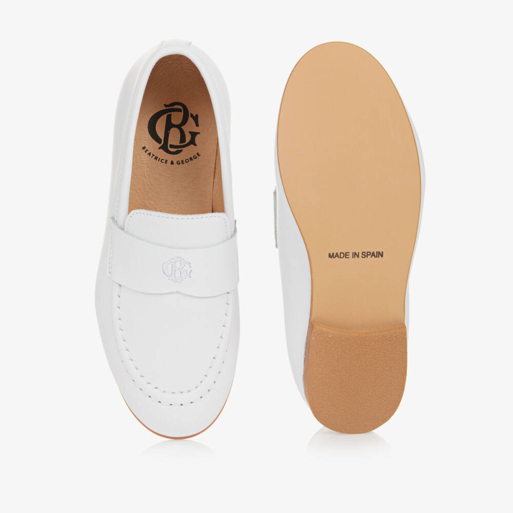 Beatrice & George-Boys White Leather Monogram Loafers | Childrensalon