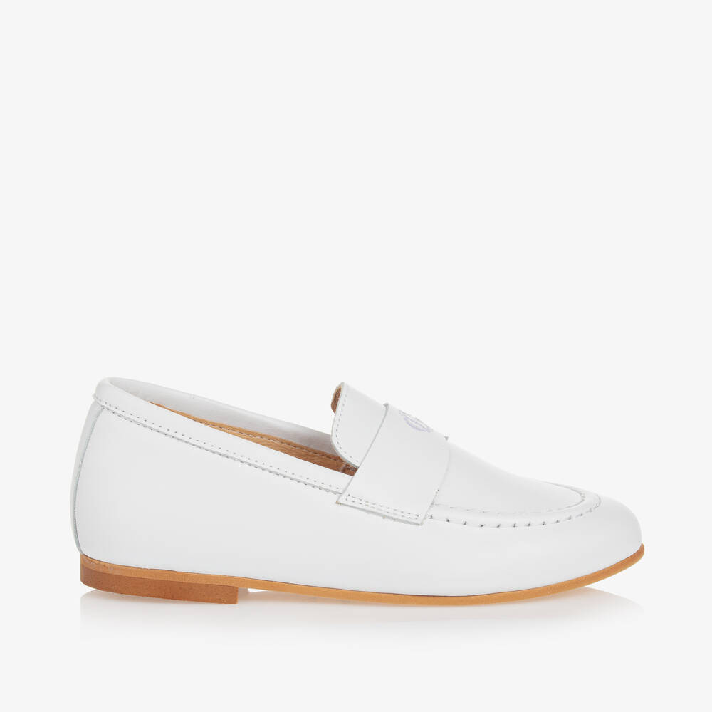 Beatrice & George-Boys White Leather Monogram Loafers | Childrensalon
