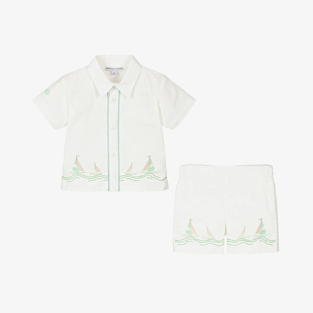 Beatrice & George-Boys White Linen & Cotton Embroidered Boat Shorts Set | Childrensalon