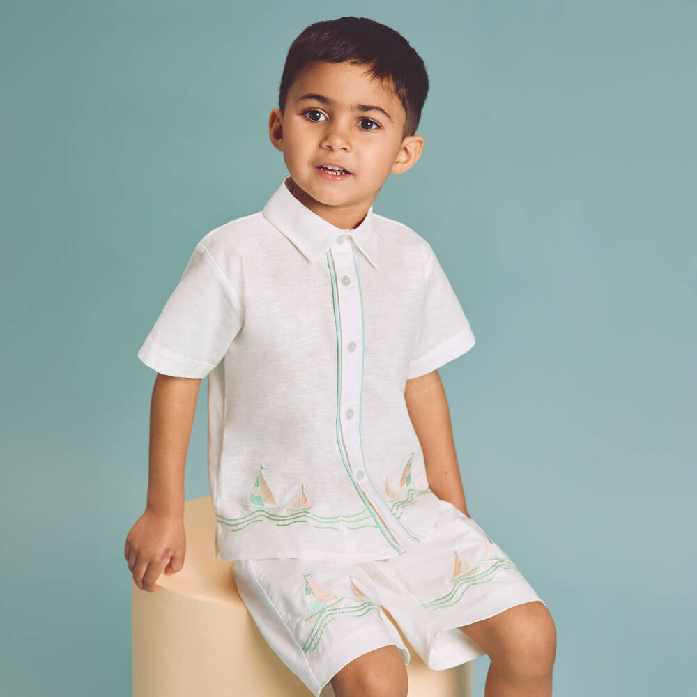 Beatrice & George-Boys White Linen & Cotton Embroidered Boat Shorts Set | Childrensalon