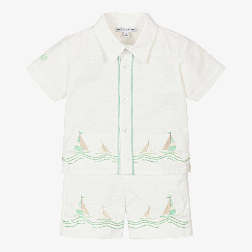 Beatrice & George-Boys White Linen & Cotton Embroidered Boat Shorts Set | Childrensalon