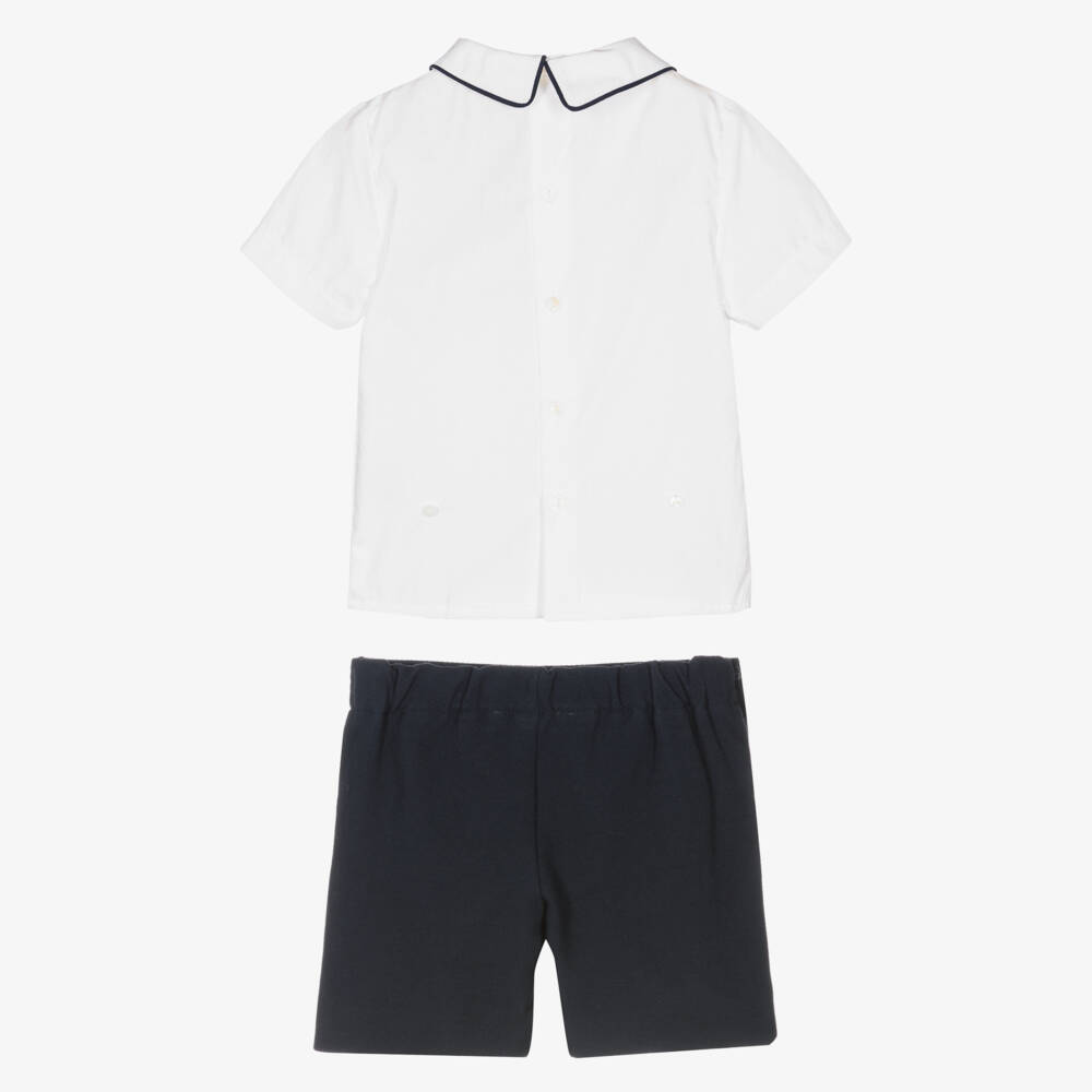 Beatrice & George-Boys White & Navy Blue Cotton Buster Suit | Childrensalon
