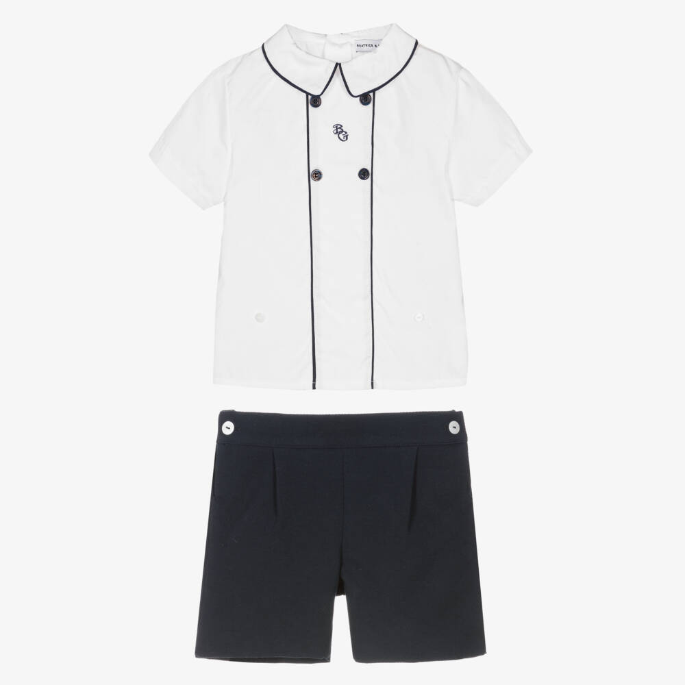 Beatrice & George-Boys White & Navy Blue Cotton Buster Suit | Childrensalon