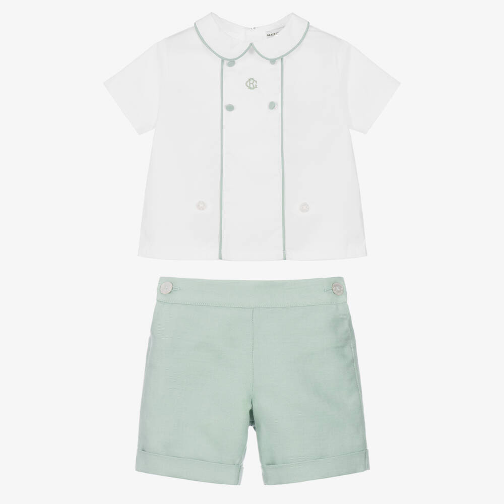 Beatrice & George-Boys White & Pale Green Cotton Buster Suit | Childrensalon