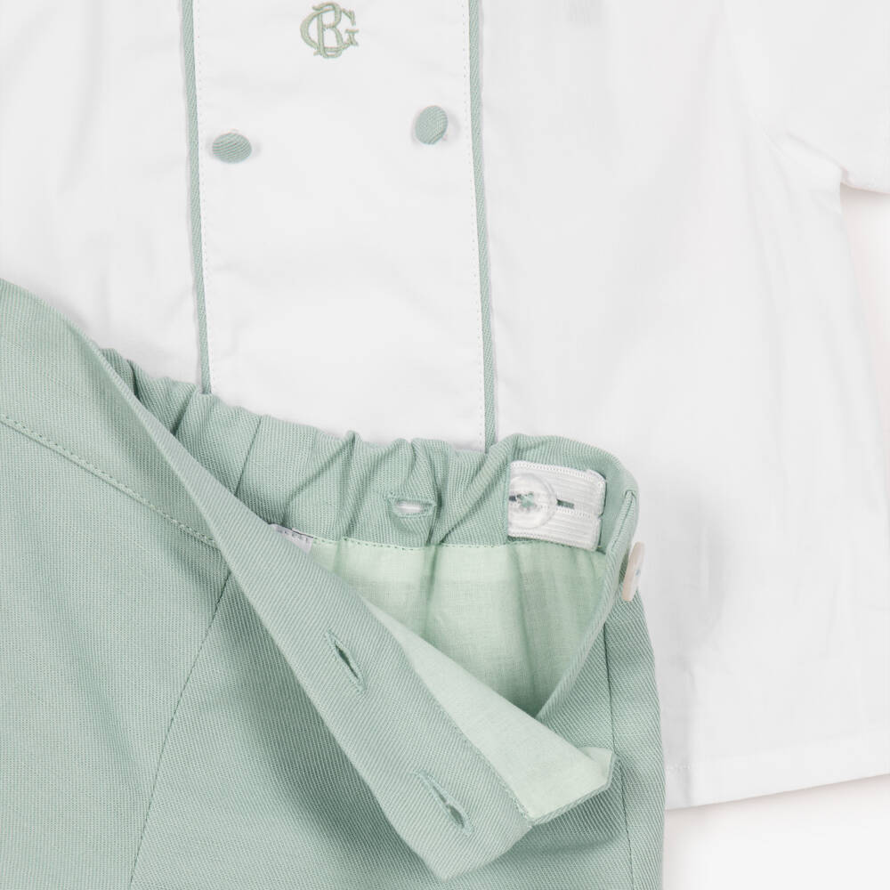 Beatrice & George-Boys White & Pale Green Cotton Buster Suit | Childrensalon