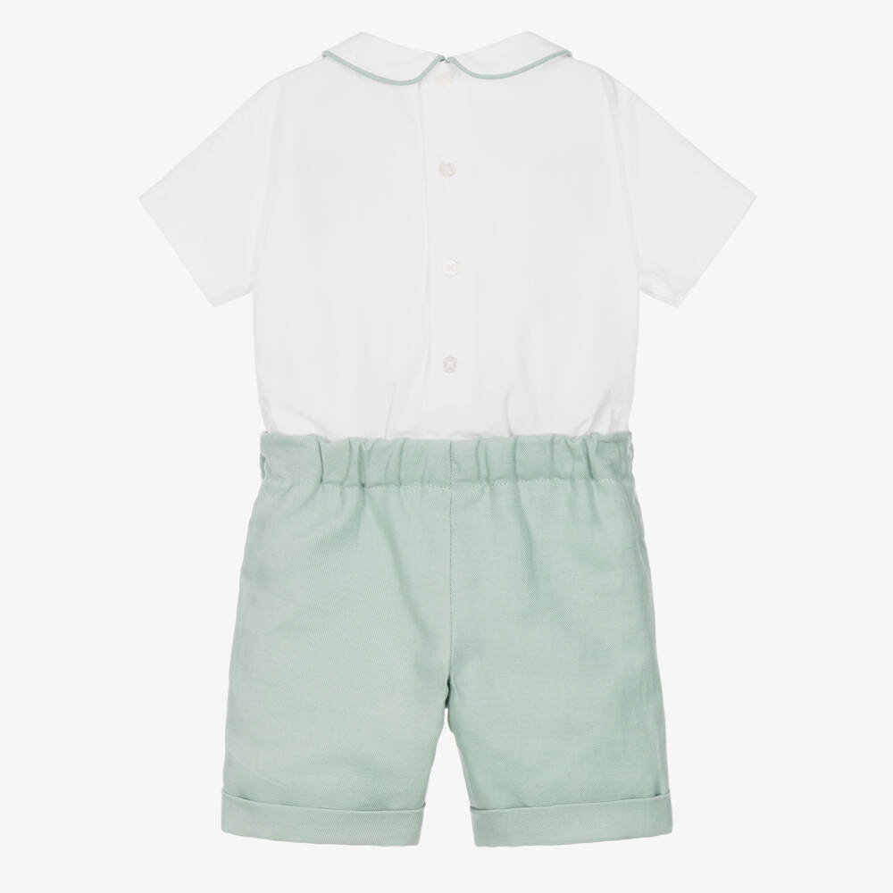 Beatrice & George-Boys White & Pale Green Cotton Buster Suit | Childrensalon
