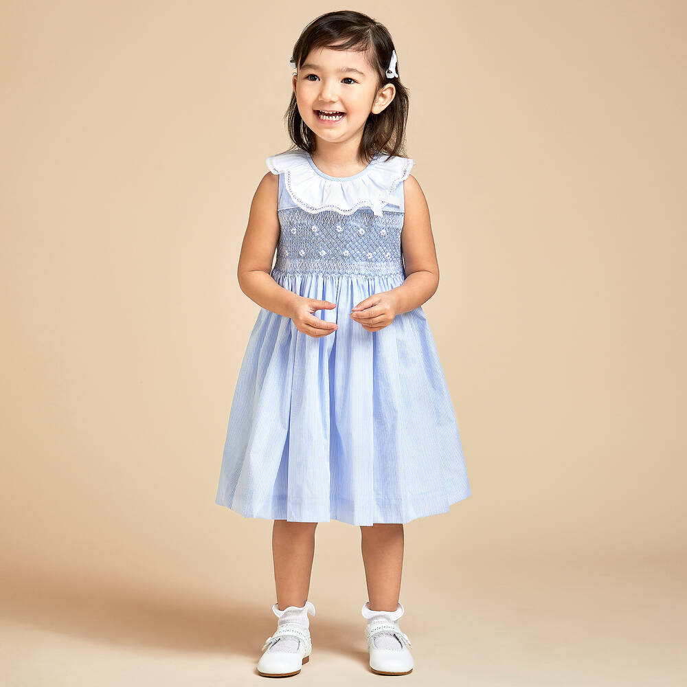 Beatrice & George-Girls Blue Cotton Hand-Smocked Dress | Childrensalon