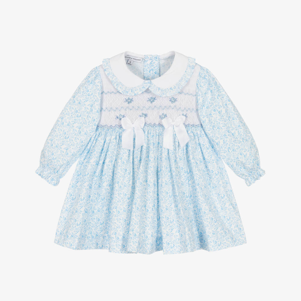Beatrice & George-Girls Blue Hand-Smocked Cotton Dress | Childrensalon