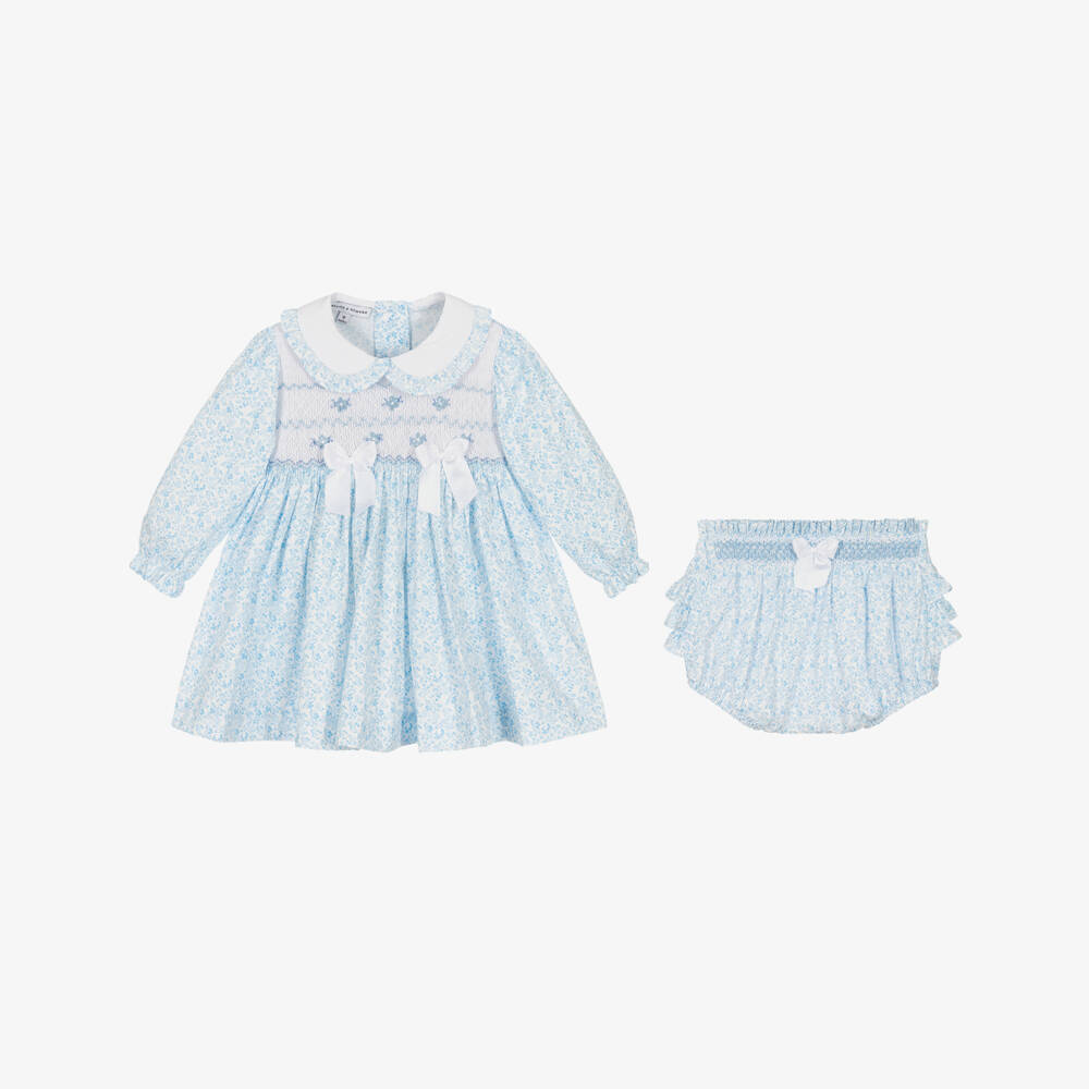 Beatrice & George-Girls Blue Hand-Smocked Cotton Dress | Childrensalon