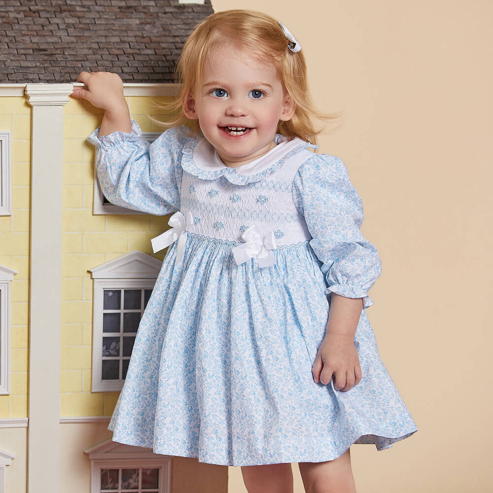 Beatrice & George-Girls Blue Hand-Smocked Cotton Dress | Childrensalon