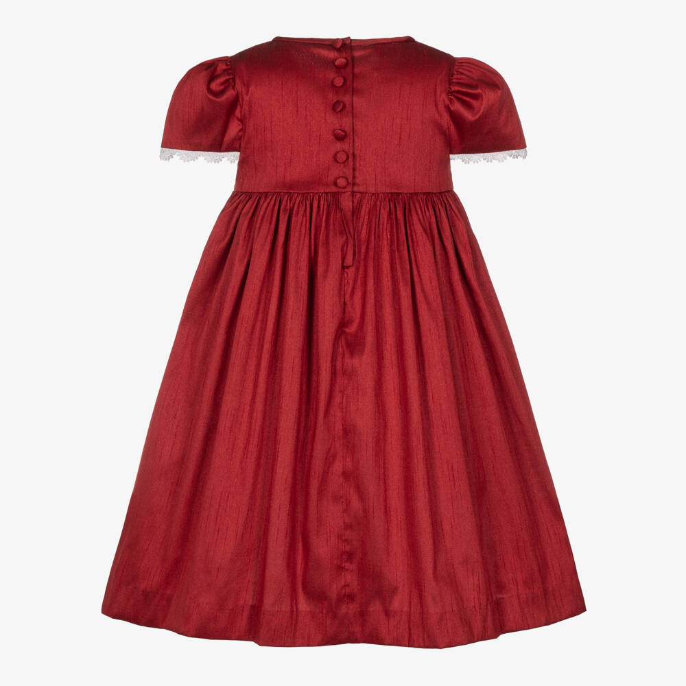 Beatrice & George-Girls Burgundy & Ivory Dupion Dress with Golden Embroidery | Childrensalon
