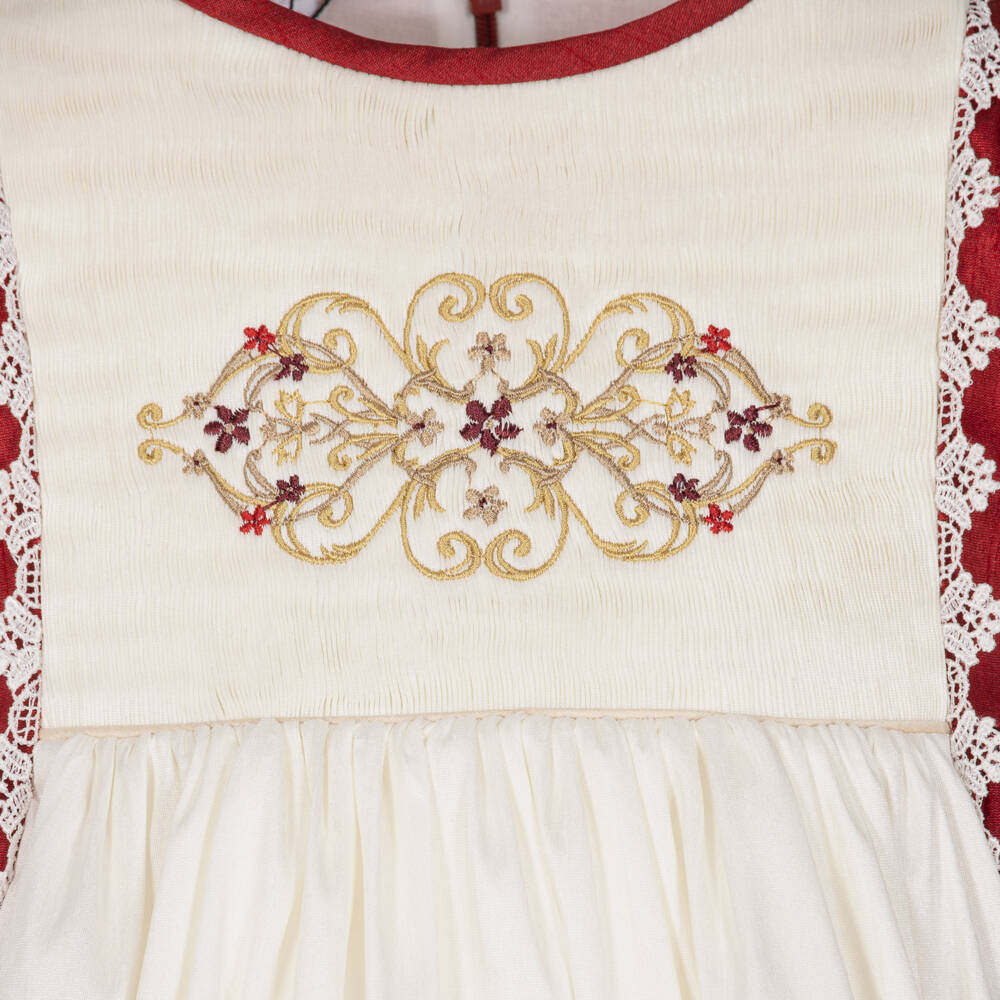 Beatrice & George-Girls Burgundy & Ivory Dupion Dress with Golden Embroidery | Childrensalon