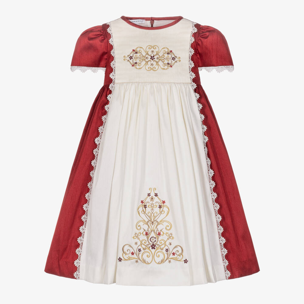 Beatrice & George-Girls Burgundy & Ivory Dupion Dress with Golden Embroidery | Childrensalon