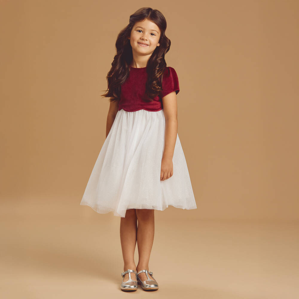 Beatrice & George-Girls Burgundy Velvet & Ivory Glitter Tulle Dress | Childrensalon