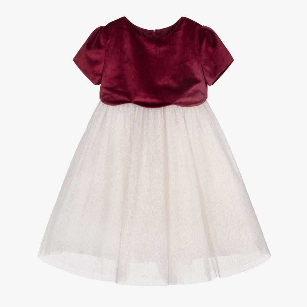 Beatrice & George-Girls Burgundy Velvet & Ivory Glitter Tulle Dress | Childrensalon