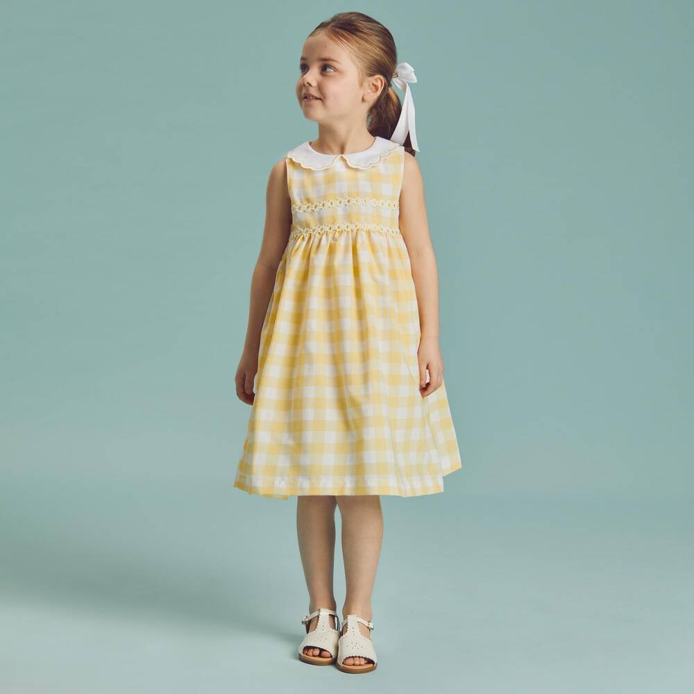 Beatrice & George-Girls Butter Yellow Gingham Check Dress | Childrensalon