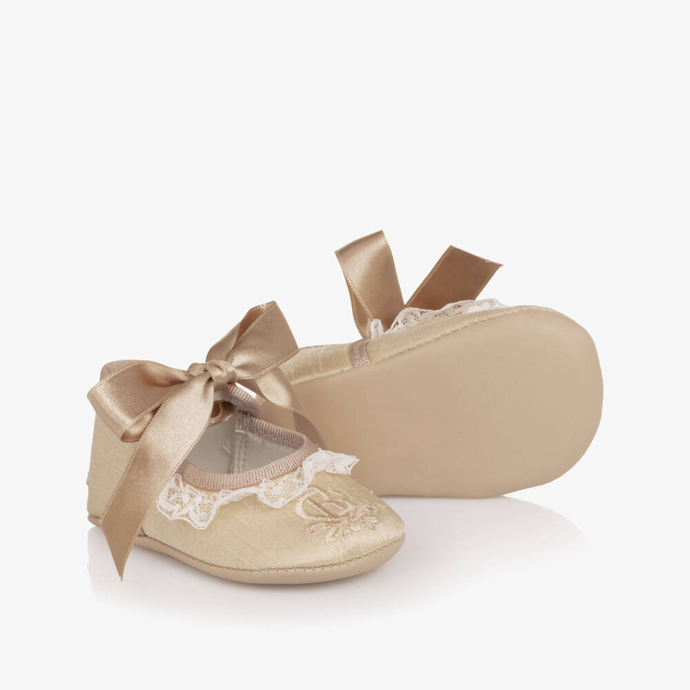 Beatrice & George-Girls Champagne Gold Silk Embroidered Pre-Walker Shoes | Childrensalon