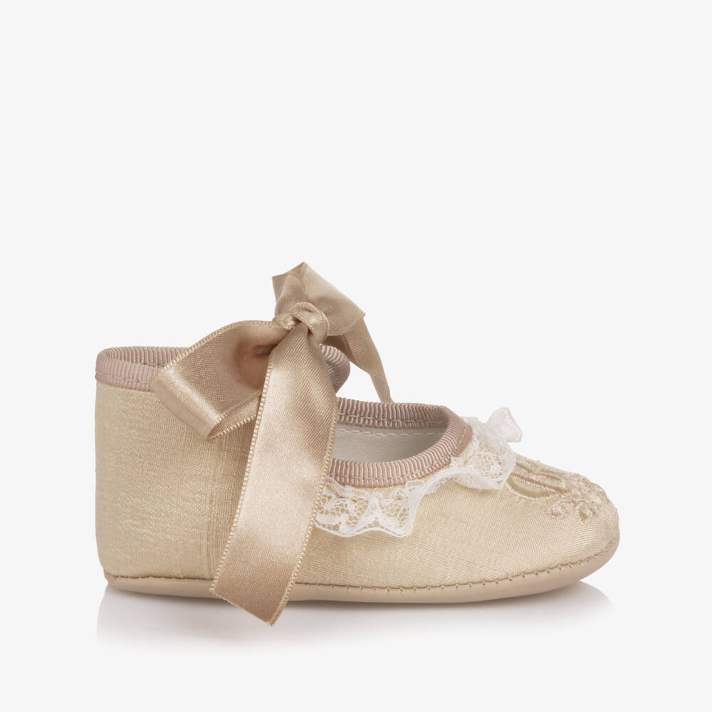 Beatrice & George-Girls Champagne Gold Silk Embroidered Pre-Walker Shoes | Childrensalon