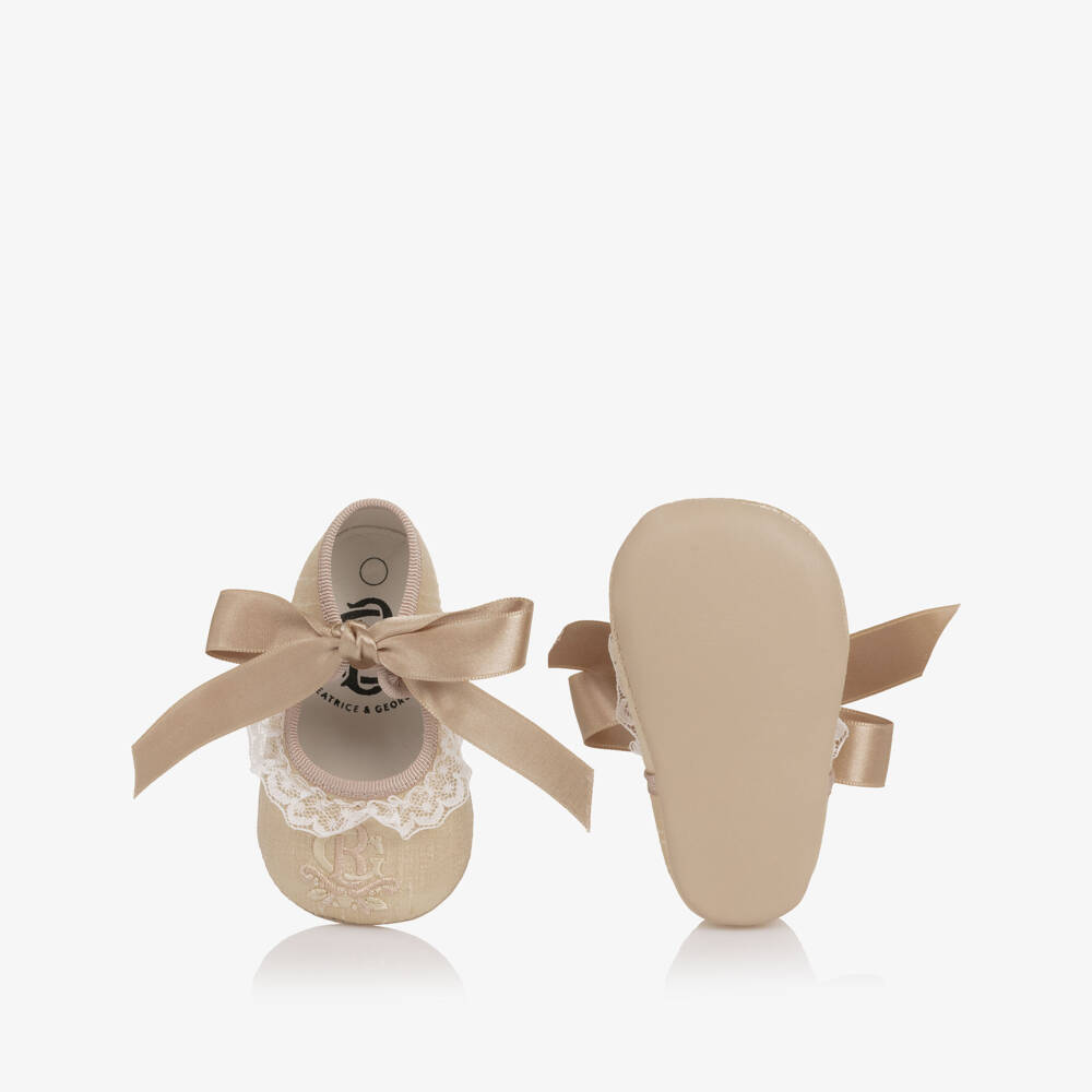 Beatrice & George-Girls Champagne Gold Silk Embroidered Pre-Walker Shoes | Childrensalon